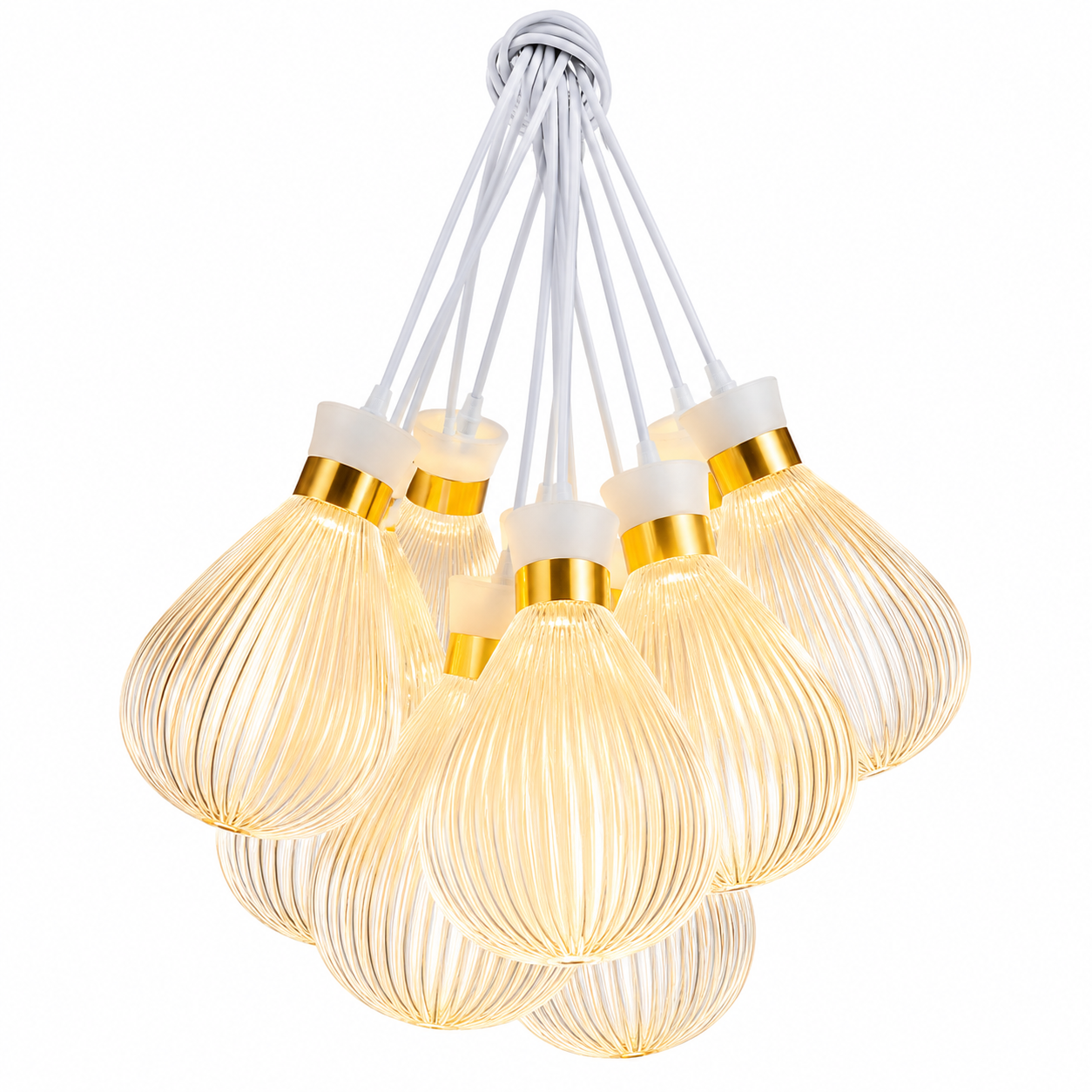 LIGHTING RIBBED GLASS TEARDROP CLUSTER PENDANT LIGHT-GOLD ACCENT